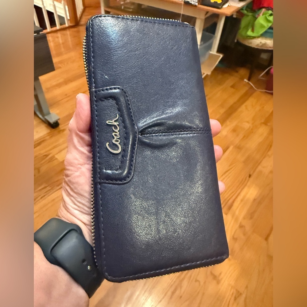 Coach Legacy Leather Accordion Zip Wallet | Navy Blue | Large Capacity - Picture 2 of 8